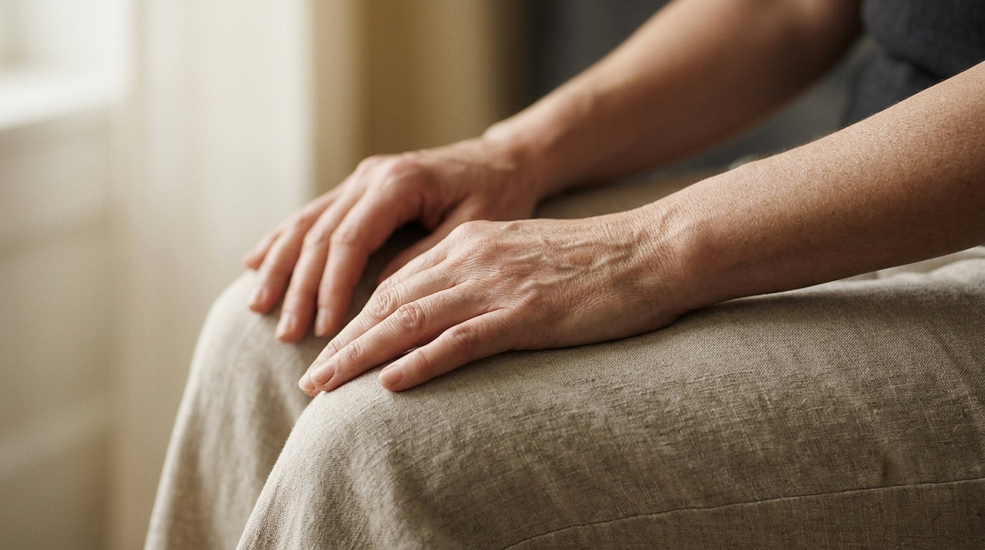 Hands of a woman in her fifties resting in her lap on neutral linen