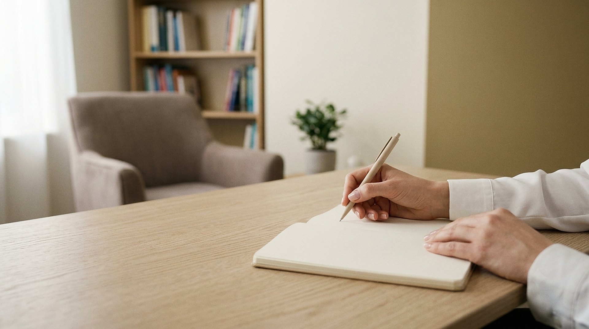 Clinician making notes in a notebook in a calm consulting room